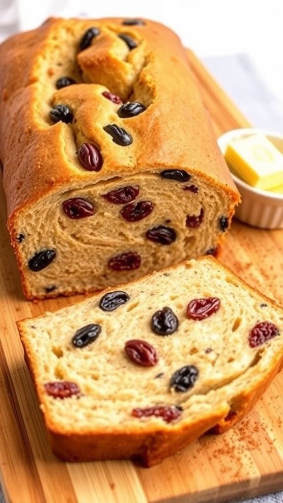 Sliced gluten-free cinnamon raisin quick bread on a wooden board with butter and cinnamon.